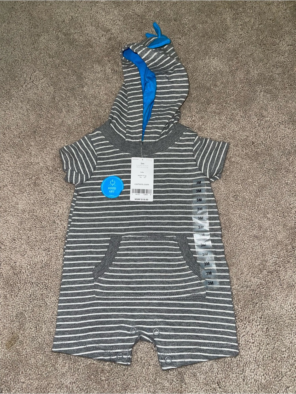 NWT Carter's Gray & White Striped Hooded Short Sleeve Romper